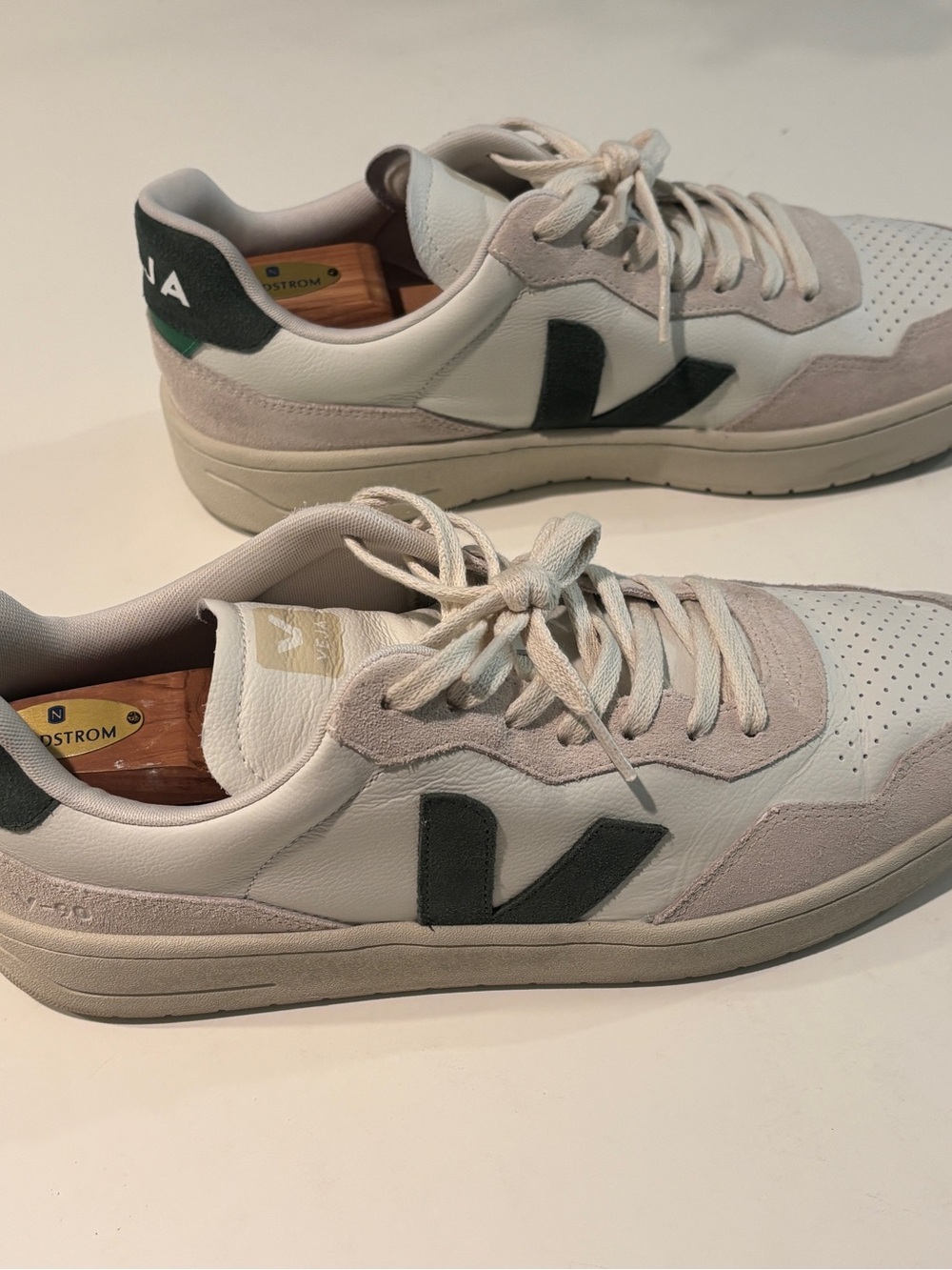 Veja V-90 Men's Sneakers in White and Cypress, 12.5 (fits 13), Barely Worn